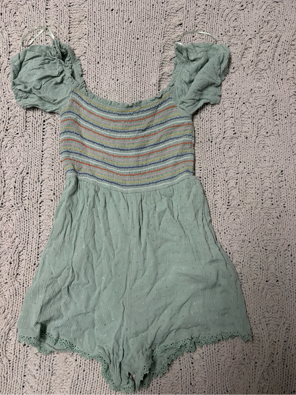 WomensPuff-Slee Smocked Romper Dress in Sage Green